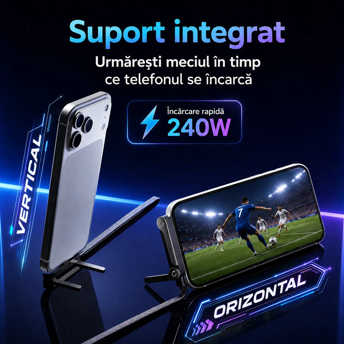Cablu Fast Charge 240W cu Suport Integrat pentru Telefon