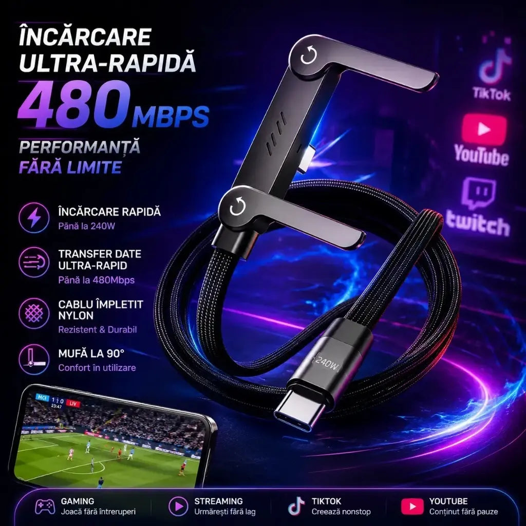 Cablu Fast Charge 240W cu Suport Integrat pentru Telefon