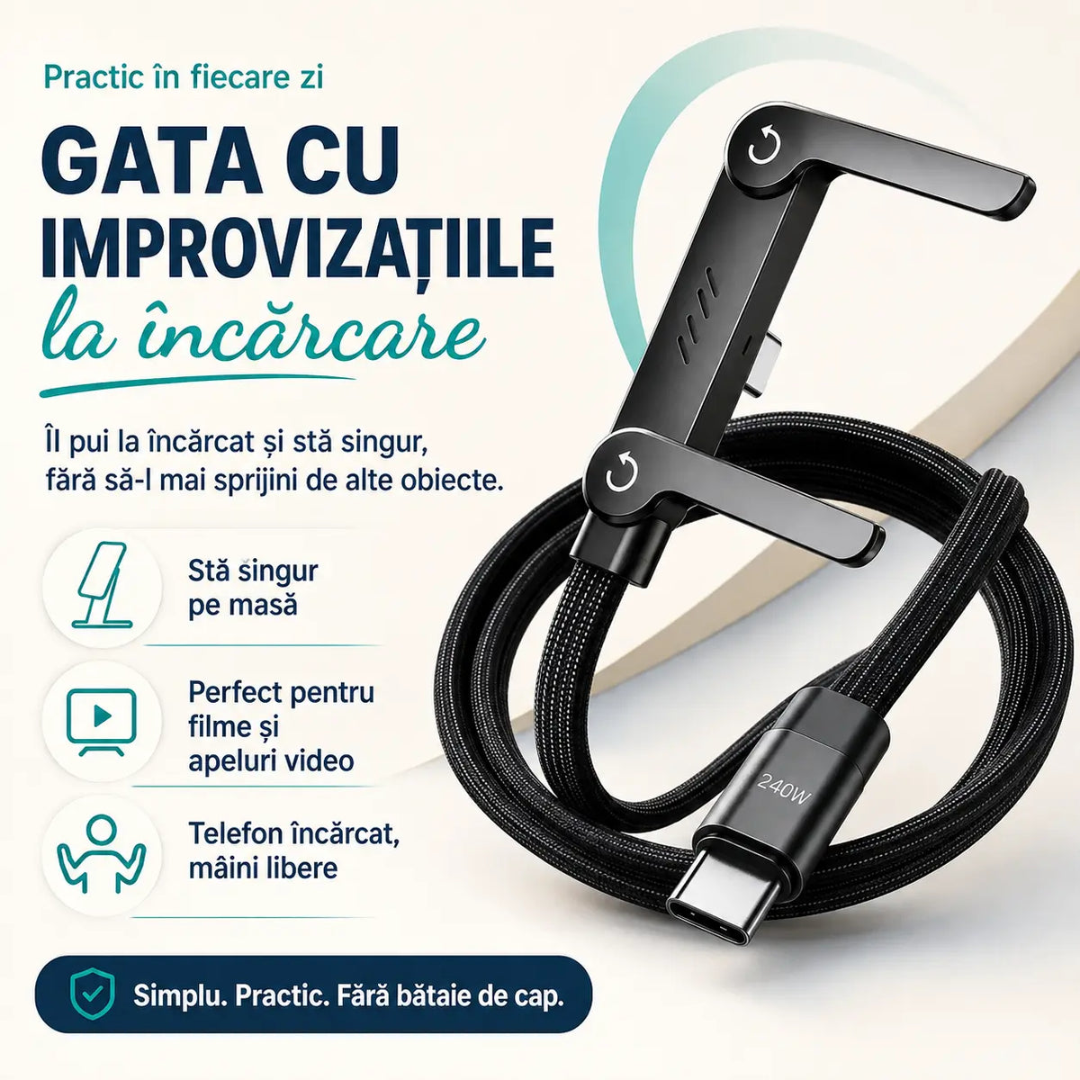 Cablu Fast Charge 240W cu Suport Integrat pentru Telefon