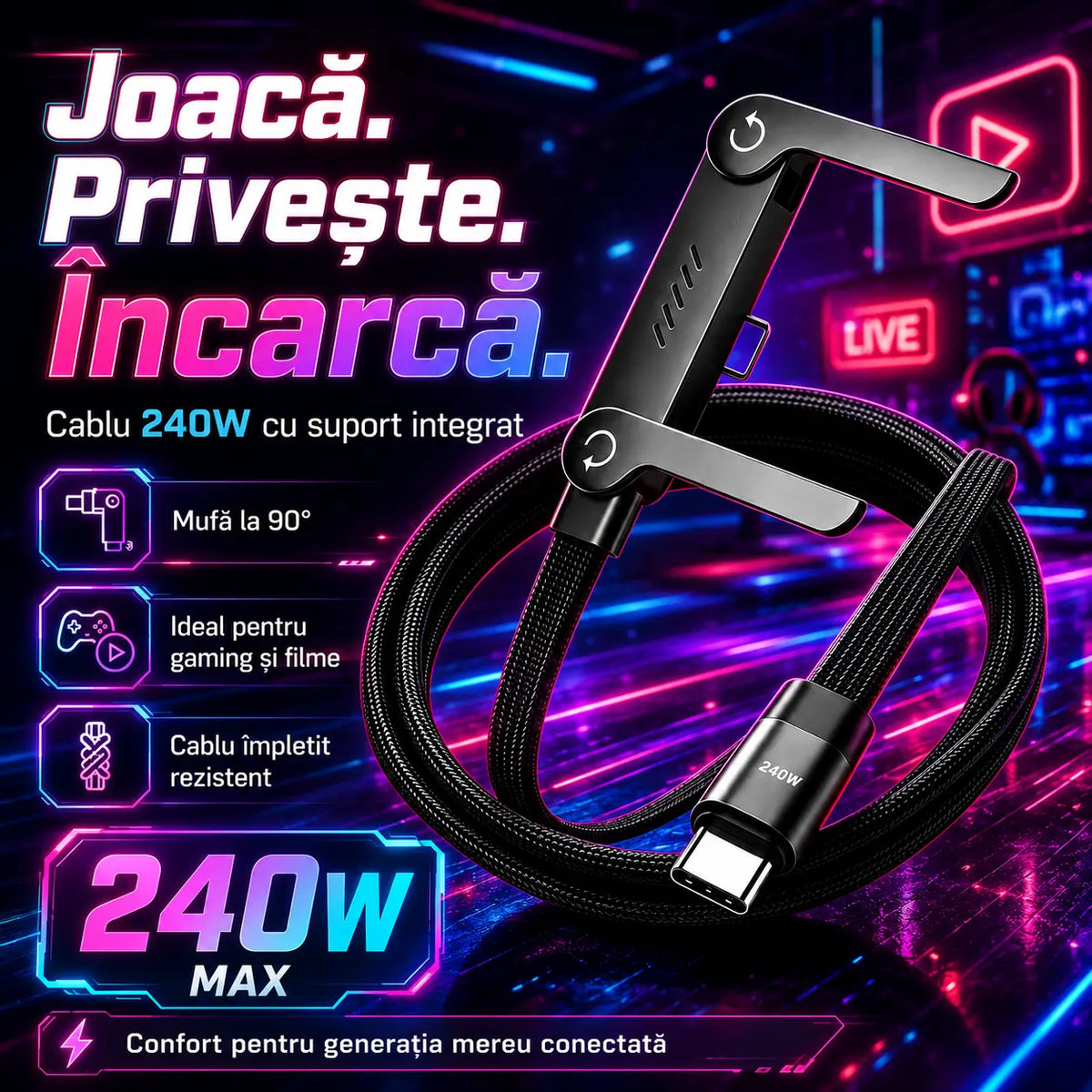 Cablu Fast Charge 240W cu Suport Integrat pentru Telefon