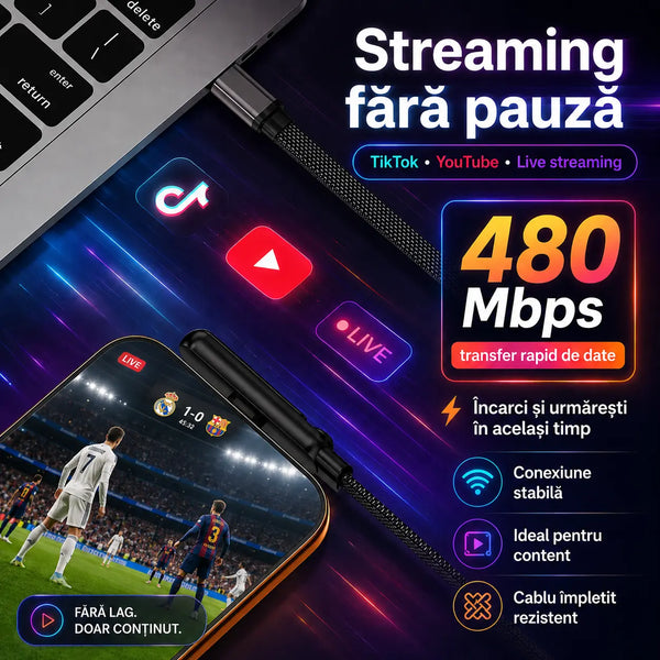 Cablu Fast Charge 240W cu Suport Integrat pentru Telefon